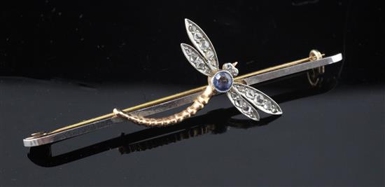 An early 20th century gold and platinum, sapphire and rose cut diamond set dragonfly bar brooch, 2.5in.